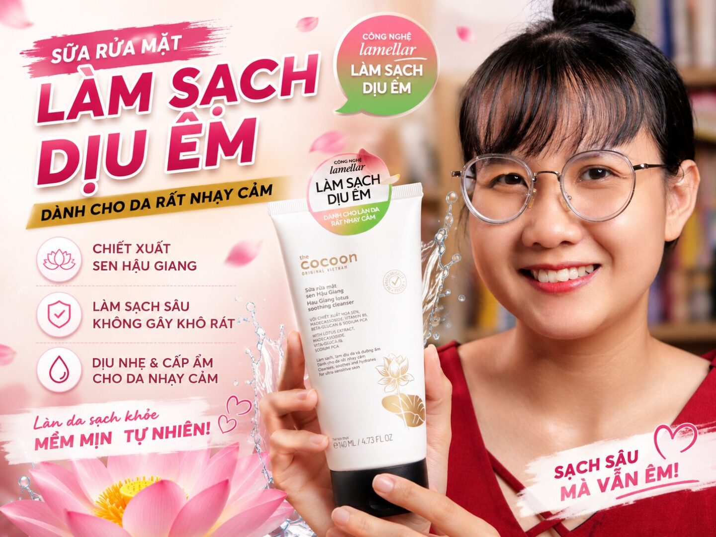 Sữa rửa mặt sen Hậu Giang Cocoon làm sạch dịu êm 9